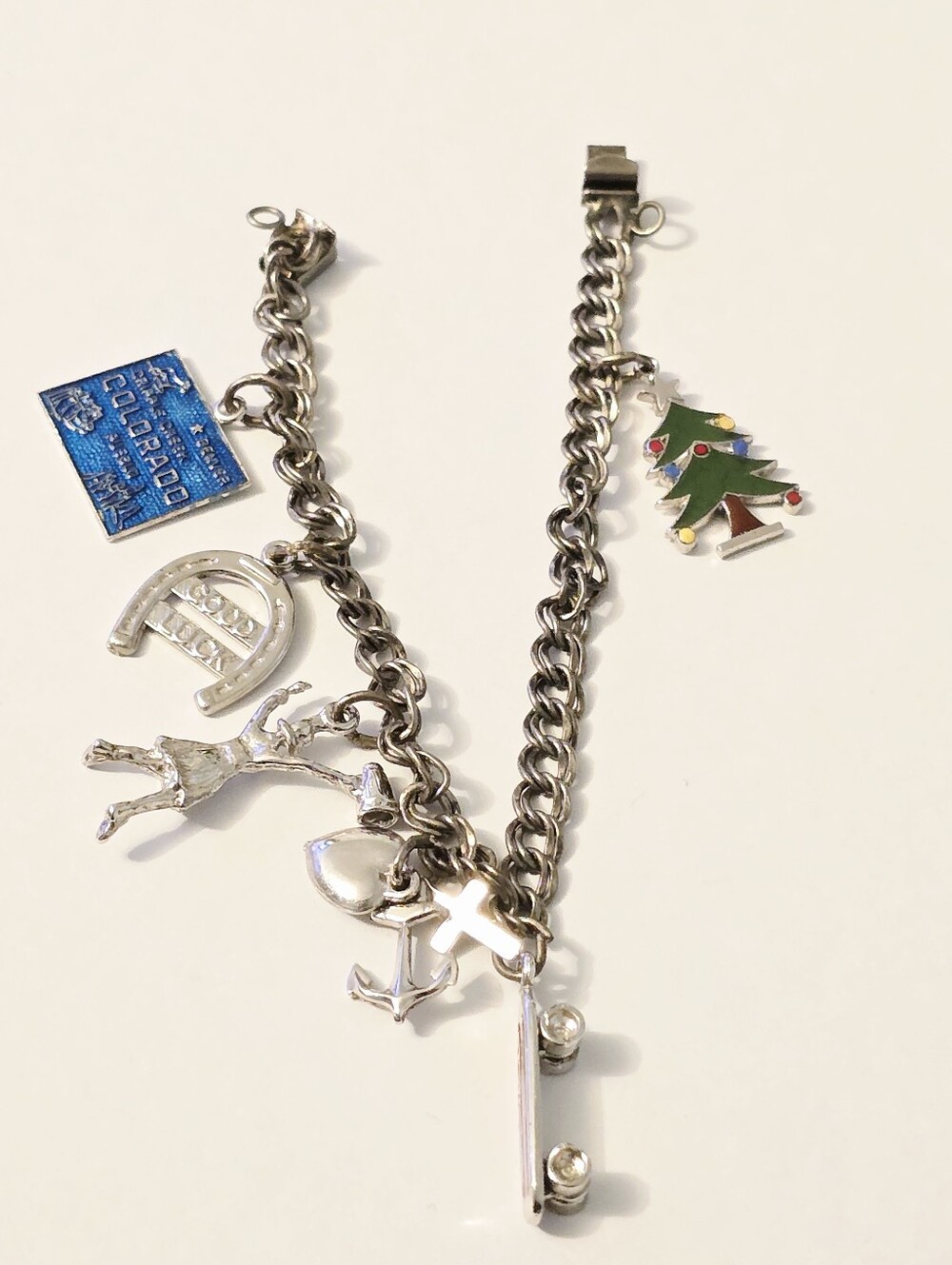 Vintage sterling silver Dbl Link charm bracelet Cheerleader Skate Board Colorado
